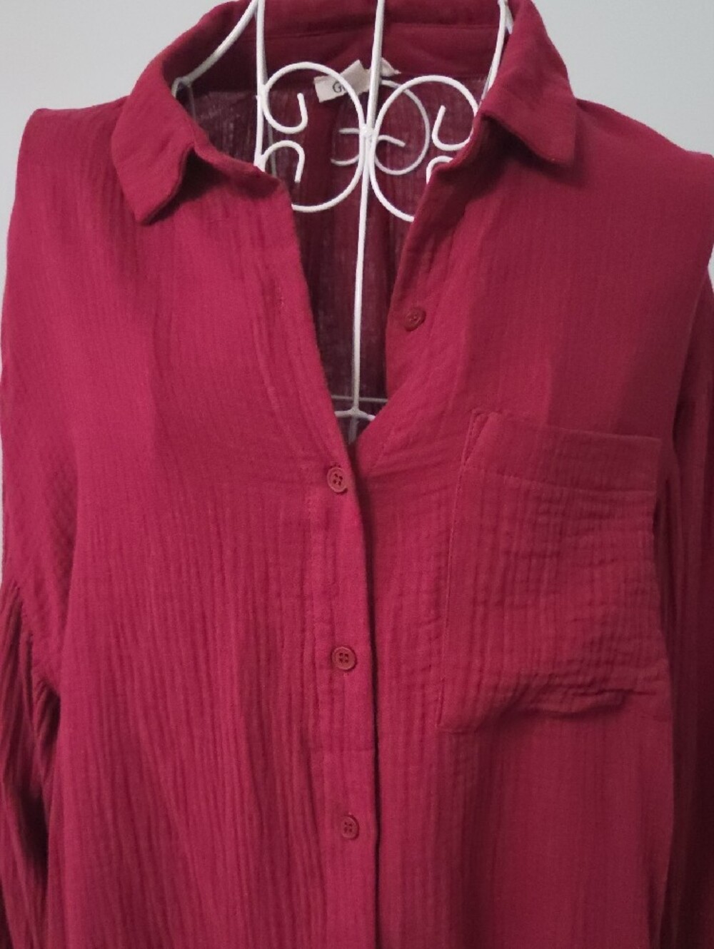 Button-Front Long Sleeve Shirt in Raspberry - Picture 3 of 3